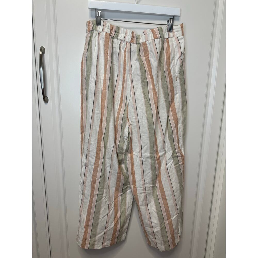 Rachel Zoe Size 12 Striped Linen Blend Wide Leg Cropped Pants Tie Waist - Picture 3 of 5